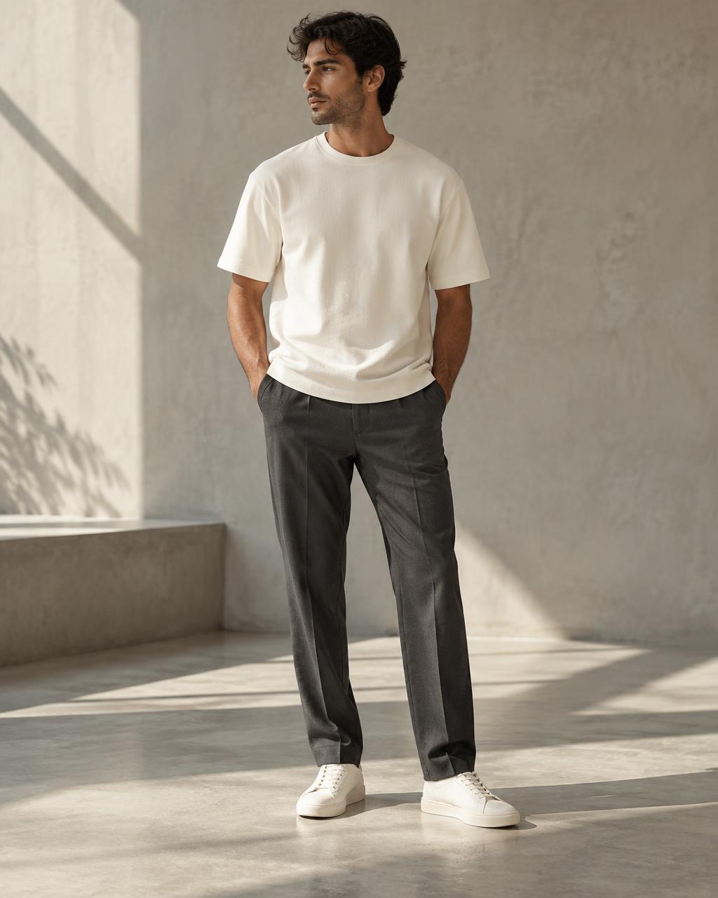 Camiseta premium off-white com calça de alfaiataria